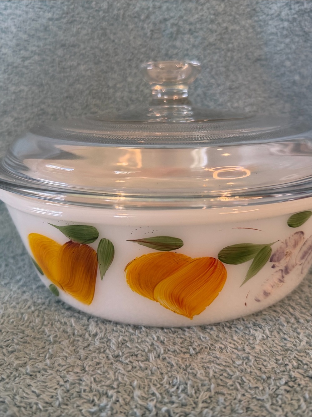 Vintage Anchor Hocking Fire King 1.5 Quart Gay Fad Casserole Dish With Lid Fruit